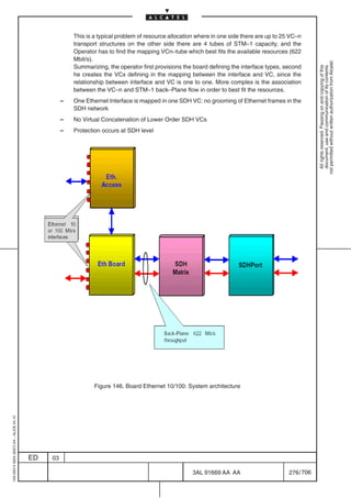 This is a typical problem of resource allocation where in one side there are up to 25 VC–n
                                                       transport structures on the other side there are 4 tubes of STM–1 capacity, and the
                                                       Operator has to find the mapping VCn–tube which best fits the available resources (622
                                                       Mbit/s).




                                                                                                                                                        not permitted without written authorization from Alcatel.
                                                       Summarizing, the operator first provisions the board defining the interface types, second




                                                                                                                                                          All rights reserved. Passing on and copying of this
                                                                                                                                                          document, use and communication of its contents
                                                       he creates the VCx defining in the mapping between the interface and VC, since the
                                                       relationship between interface and VC is one to one. More complex is the association
                                                       between the VC–n and STM–1 back–Plane flow in order to best fit the resources.
                                                   –   One Ethernet Interface is mapped in one SDH VC: no grooming of Ethernet frames in the
                                                       SDH network
                                                   –   No Virtual Concatenation of Lower Order SDH VCs
                                                   –   Protection occurs at SDH level




                                                               Figure 146. Board Ethernet 10/100: System architecture
1AA 00014 0004 (9007) A4 – ALICE 04.10




                                         ED   03

                                                                                                      3AL 91669 AA AA                       276 / 706


                                                                                                                   706
 