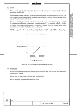 b)   WRED

                                               The packet drop probability is based on the minimum threshold, maximum threshold, and mark
                                               probability denominator.




                                                                                                                                                         not permitted without written authorization from Alcatel.
                                                                                                                                                           All rights reserved. Passing on and copying of this
                                                                                                                                                           document, use and communication of its contents
                                               When the average queue depth is above the minimum threshold, RED starts dropping packets. The
                                               rate of packet drop increases linearly as the average queue size increases until the average queue
                                               size reaches the maximum threshold.

                                               The mark probability denominator is the fraction of packets dropped when the average queue depth
                                               is at the maximum threshold. For example, if the denominator is 512, one out of every 512 packets
                                               is dropped when the average queue is at the maximum threshold. When the average queue size is
                                               above the maximum threshold, all packets are dropped.

                                               WRED is applied to yellow packets (Regulated (traffic beyond CIR) and Best Effort traffic quality).


                                                                          1




                                                            Mark probability



                                                                           0

                                                                                   Minimum        Maximum
                                                                                   threshold      threshold

                                                                                   Average queue size


                                                                  Figure 158. WRED Congestion avoidance mechanisms


                                          c)   Scheduling

                                               Scheduling of packets is performed on egress ports combining HOL (FIFO queue) and DRR (Deficit
                                               Round Robin) queues.

                                               HOL is used for Guaranteed traffic that gets highest priority.

                                               DRR is applied to Regulated and Best Effort traffic
1AA 00014 0004 (9007) A4 – ALICE 04.10




                                         ED      03

                                                                                                         3AL 91669 AA AA                     290 / 706


                                                                                                                     706
 