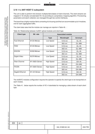 3.10 4 x ANY HOST C subsystem

                                                                                            The unit is able to perform time division multiplex/demultiplex of client channels. The client streams are
                                                                                            mapped in 16 virtually concatenated VC–4s according to a proprietary–mapping algorithm. Provisioning
not permitted without written authorization from Alcatel.




                                                                                            parameters and alarm collection are managed through two control interfaces.
  All rights reserved. Passing on and copying of this
  document, use and communication of its contents




                                                                                            The board has a highly modular fabric consisting of a housing card that can accommodate up to 4 modules,
                                                                                            one for each aggregated traffic.

                                                                                            The client data rates that the module can manage are reporte in Table 40. :

                                                                                            Table 40. Relationship between 4xANY optical modules and client type

                                                                                                 Client type            Bit rate                           Associated module

                                                                                                                                              Type             Wavelenght             Acronym
                                                                                            Fast Ethernet           @125 Mb/sec            Low Speed
                                                                                                                                                p                1310 nm                OL–IN
                                                                                                                                                                  850 nm               OL–MM
                                                                                            FDDI                    @125 Mb/sec            Low Speed
                                                                                                                                                p                1310 nm                OL–IN
                                                                                                                                                                  850 nm               OL–MM
                                                                                            ESCON                   @200 Mb/sec            Low Speed
                                                                                                                                                p                1310 nm                OL–IN
                                                                                                                                                                  850 nm               OL–MM
                                                                                            Digital Video
                                                                                              g                     @270 Mb/sec            Low Speed
                                                                                                                                                p                1310 nm                OL–IN
                                                                                                                                                                  850 nm               OL–MM
                                                                                            Fiber Channel           @1.0625 Gb/sec         High Speed
                                                                                                                                             g p                 1310 nm               OH–IN
                                                                                                                                                                  850 nm               OH–MM
                                                                                            FICON                   @1.0625 Gb/sec         High Speed
                                                                                                                                             g p                 1310 nm               OH–IN
                                                                                                                                                                  850 nm               OH–MM
                                                                                            Gigabit Ethernet
                                                                                              g                     @1.25 Gb/sec           High Speed
                                                                                                                                             g p                 1310 nm               OH–IN
                                                                                                                                                                  850 nm               OH–MM


                                                                                            The 4xANYC modules configuration requires the operator to specify the client type to be transported on
                                                                                            each module.

                                                                                            The Table 41. below reports the number of VC–4 istantiated for managing a data stream of each client
                                                                                            type
                                                  1AA 00014 0004 (9007) A4 – ALICE 04.10




                                                                                           ED      03

                                                                                                                                                          3AL 91669 AA AA                        293 / 706


                                                                                                                                                                        706
 