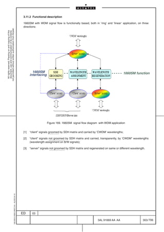 3.11.2 Functional description

                                                                                            1660SM with WDM signal flow is functionally based, both in ’ring’ and ’linear’ application, on three
                                                                                            directions:
not permitted without written authorization from Alcatel.
  All rights reserved. Passing on and copying of this
  document, use and communication of its contents




                                                                                                    1660SM                                                                 1660SM function
                                                                                                  interfacing




                                                                                                                Figure 169. 1660SM signal flow diagram with WDM application


                                                                                            [1]   “client” signals groomed by SDH matrix and carried by ’CWDM’ wavelengths;

                                                                                            [2]   “client” signals not groomed by SDH matrix and carried, transparently, by ’CWDM” wavelengths
                                                                                                  (wavelength assignment on B/W signals);

                                                                                            [3]   “server” signals not groomed by SDH matrix and regenerated on same or different wavelength.
                                                  1AA 00014 0004 (9007) A4 – ALICE 04.10




                                                                                           ED       03

                                                                                                                                                       3AL 91669 AA AA                     303 / 706


                                                                                                                                                                    706
 
