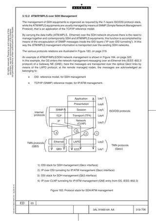 3.12.2 ATM/IP/MPLS over SDH Management

                                                                                            The management of SDH equipments is organized as required by the 7–layers ISO/OSI protocol stack,
                                                                                            while the ATM/MPLS equipments are usually managed by means of SNMP (Simple Network Management
not permitted without written authorization from Alcatel.




                                                                                            Protocol), that is an application of the TCP/IP reference model.
  All rights reserved. Passing on and copying of this
  document, use and communication of its contents




                                                                                            By carrying the data traffic (ATM,MPLS, Ethernet) over the SDH network structures there is the need to
                                                                                            manage together and contemporarily SDH and ATM/MPLS equipments; this function is accomplished by
                                                                                            means of the encapsulation of SNMP messages inside the OSI layers (”IP over OSI tunneling”). In this
                                                                                            way the ATM/MPLS management information is transported over the existing SDH networks.

                                                                                            The various protocols relations are illustrated in Figure 183. on page 319.

                                                                                            An example of ATM/IP/MPLS/SDH network management is shown in Figure 184. on page 320.
                                                                                            In this example, the OS enters the network management messaging over an Ethernet link (IEEE–802.3
                                                                                            protocol) of a Gateway NE (GNE); here the messages are transported over the optical Qecc links by
                                                                                            means of the LAPD protocol; at the remote managed nodes, the messages are acknowledged as
                                                                                            belonging to:

                                                                                                 •        OSI reference model, for SDH management

                                                                                                 •        TCP/IP (SNMP) reference model, for IP/ATM management.




                                                                                                                                          Application            Lay7

                                                                                                                                          Presentation           Lay6

                                                                                                                           SNMP             Session              Lay5     ISO/OSI protocols
                                                                                                          Internet
                                                                                                          protocols        TCP           Transport (TP4)         Lay4

                                                                                                                               IP           Network
                                                                                                                                             (CLNP)              Lay3


                                                                                                                                           3
                                                                                                                           4                       2         1


                                                                                                TMN protocols            Ethernet        LAPD                    Lay2
                                                                                                   (QB3)                                                                    TMN protocols
                                                                                                                           QB3            ECC                    Lay1         (Qecc)




                                                                                                            1): OSI stack for SDH management (Qecc interface)
                                                                                                            2): IP over OSI tunneling for IP/ATM management (Qecc interface)

                                                                                                            3): OSI stack for SDH management (Qb3 interface)

                                                                                                            4): IP over CLNP tunneling for IP/ATM management (GNE entry from OS, IEEE–802.3)
                                                  1AA 00014 0004 (9007) A4 – ALICE 04.10




                                                                                                                      Figure 183. Protocol stack for SDH/ATM management



                                                                                           ED        03

                                                                                                                                                           3AL 91669 AA AA                    319 / 706


                                                                                                                                                                          706
 