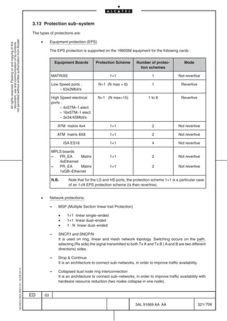3.13 Protection sub–system

                                                                                            The types of protections are:
not permitted without written authorization from Alcatel.




                                                                                                 •        Equipment protection (EPS)
  All rights reserved. Passing on and copying of this
  document, use and communication of its contents




                                                                                                          The EPS protection is supported on the 1660SM equipment for the following cards :


                                                                                                              Equipment Boards        Protection Scheme         Number of protec-             Mode
                                                                                                                                                                  tion schemes

                                                                                                          MATRIXE                              1+1                        1               Not revertive

                                                                                                          Low Speed ports :             N+1 (N max = 6)                   1                 Revertive
                                                                                                              – 63x2Mbit/s

                                                                                                          High Speed electrical        N+1 (N max=15)                  1 to 8               Revertive
                                                                                                          ports :
                                                                                                               – 4xSTM–1 elect.
                                                                                                               – 16xSTM–1 elect.
                                                                                                               – 3x34/45Mbit/s

                                                                                                               ATM matrix 4x4                  1+1                        2               Not revertive

                                                                                                               ATM matrix 8X8                  1+1                        2               Not revertive

                                                                                                                   ISA ES16                    1+1                        4               Not revertive

                                                                                                          MPLS boards
                                                                                                          –  PR_EA      Matrix                 1+1                        2               Not revertive
                                                                                                             4xEthernet
                                                                                                          –  PR_EA      Matrix                 1+1                        2               Not revertive
                                                                                                             1xGB–Ethernet

                                                                                                          N.B.       Note that for the LS and HS ports, the protection scheme 1+1 is a particular case
                                                                                                                     of an 1+N EPS protection scheme (is then revertive).


                                                                                                 •        Network protections:

                                                                                                          –    MSP (Multiple Section linear trail Protection)

                                                                                                               •    1+1 linear single–ended
                                                                                                               •    1+1 linear dual–ended
                                                                                                               •    1 : N linear dual–ended

                                                                                                          –    SNCP/I and SNCP/N
                                                                                                               It is used on ring, linear and mesh network topology. Switching occurs on the path,
                                                                                                               selecting (Rx side) the signal transmitted to both Tx A and Tx B ( A and B are two different
                                                                                                               directions) sides.

                                                                                                          –    Drop  Continue
                                                                                                               It is an architecture to connect sub–networks, in order to improve traffic availability.
                                                  1AA 00014 0004 (9007) A4 – ALICE 04.10




                                                                                                          –    Collapsed dual node ring interconnection
                                                                                                               It is an architecture to connect sub–networks, in order to improve traffic availability with
                                                                                                               hardware resource reduction (two nodes collapse in one node).


                                                                                           ED        03

                                                                                                                                                                3AL 91669 AA AA                           321 / 706


                                                                                                                                                                                706
 