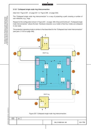 3.13.7 Collapsed single node ring interconnection

                                                                                            (See from Figure 207. on page 351 to Figure 209. on page 353)
not permitted without written authorization from Alcatel.




                                                                                            The “Collapsed single node ring interconnection” is a way of protecting a path crossing a number of
  All rights reserved. Passing on and copying of this
  document, use and communication of its contents




                                                                                            sub–networks, e.g., rings.

                                                                                            Respect to the configuration shown in Figure 201. on page 346 ( Drop and Continue”), “Collapsed single
                                                                                            node interconnection” allows the best Hardware reduction; as a matter of fact four nodes are collapsed
                                                                                            in one node.

                                                                                            The protection operating mode is similar to that described for the “Collapsed dual node Interconnection”
                                                                                            (see para. 3.13.6 on page 348).




                                                                                                                                 1




                                                                                                2                                       SNCP ring
                                                                                                                                                                                             4
                                                                                                                              Port 1                                         Port 2




                                                                                                                                                                                      3



                                                                                                                              Port 3                                         Port 4




                                                                                                5                                                                                           7
                                                                                                                                         SNCP ring




                                                                                                                             6
                                                  1AA 00014 0004 (9007) A4 – ALICE 04.10




                                                                                                                    Figure 207. Collapsed single node ring interconnection


                                                                                           ED       03

                                                                                                                                                         3AL 91669 AA AA                         351 / 706


                                                                                                                                                                       706
 
