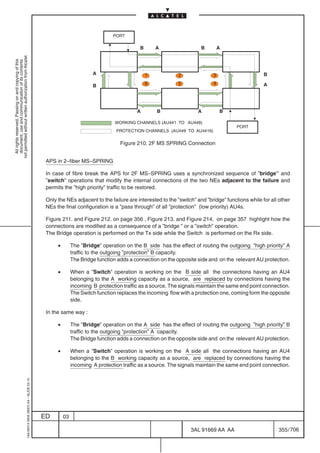 PORT

                                                                                                                                       B       A                  B        A
not permitted without written authorization from Alcatel.
  All rights reserved. Passing on and copying of this
  document, use and communication of its contents




                                                                                                                   A                       1            2              3                      B
                                                                                                                                           6            5              4                      A
                                                                                                                   B




                                                                                                                                      A        B                A          B

                                                                                                                             WORKING CHANNELS (AU4#1 TO AU4#8)
                                                                                                                                                                                     PORT
                                                                                                                             PROTECTION CHANNELS (AU4#9 TO AU4#16)

                                                                                                                               Figure 210. 2F MS SPRING Connection


                                                                                            APS in 2–fiber MS–SPRING

                                                                                            In case of fibre break the APS for 2F MS–SPRING uses a synchronized sequence of ”bridge” and
                                                                                            ”switch” operations that modify the internal connections of the two NEs adjacent to the failure and
                                                                                            permits the ”high priority” traffic to be restored.

                                                                                            Only the NEs adjacent to the failure are interested to the ”switch” and ”bridge” functions while for all other
                                                                                            NEs the final configuration is a ”pass through” of all ”protection” (low priority) AU4s.

                                                                                            Figure 211. and Figure 212. on page 356 , Figure 213. and Figure 214. on page 357 highlight how the
                                                                                            connections are modified as a consequence of a ”bridge ” or a ”switch” operation.
                                                                                            The Bridge operation is performed on the Tx side while the Switch is performed on the Rx side.

                                                                                                 •        The ”Bridge” operation on the B side has the effect of routing the outgoing ”high priority” A
                                                                                                          traffic to the outgoing ”protection” B capacity.
                                                                                                          The Bridge function adds a connection on the opposite side and on the relevant AU protection.

                                                                                                 •        When a ”Switch” operation is working on the B side all the connections having an AU4
                                                                                                          belonging to the A working capacity as a source, are replaced by connections having the
                                                                                                          incoming B protection traffic as a source. The signals maintain the same end point connection.
                                                                                                          The Switch function replaces the incoming flow with a protection one, coming form the opposite
                                                                                                          side.

                                                                                            In the same way :

                                                                                                 •        The ”Bridge” operation on the A side has the effect of routing the outgoing ”high priority” B
                                                                                                          traffic to the outgoing ”protection” A capacity.
                                                                                                          The Bridge function adds a connection on the opposite side and on the relevant AU protection.

                                                                                                 •        When a ”Switch” operation is working on the A side all the connections having an AU4
                                                                                                          belonging to the B working capacity as a source, are replaced by connections having the
                                                                                                          incoming A protection traffic as a source. The signals maintain the same end point connection.
                                                  1AA 00014 0004 (9007) A4 – ALICE 04.10




                                                                                           ED        03

                                                                                                                                                             3AL 91669 AA AA                        355 / 706


                                                                                                                                                                               706
 