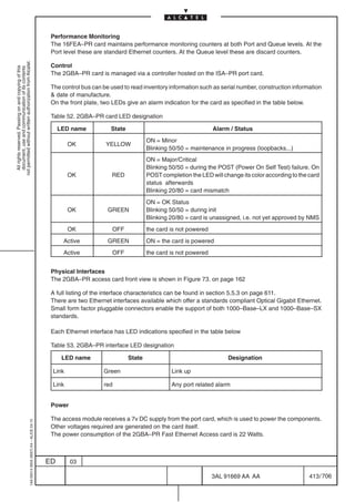 Performance Monitoring
                                                                                            The 16FEA–PR card maintains performance monitoring counters at both Port and Queue levels. At the
                                                                                            Port level these are standard Ethernet counters. At the Queue level these are discard counters.
not permitted without written authorization from Alcatel.




                                                                                            Control
  All rights reserved. Passing on and copying of this
  document, use and communication of its contents




                                                                                            The 2GBA–PR card is managed via a controller hosted on the ISA–PR port card.

                                                                                            The control bus can be used to read inventory information such as serial number, construction information
                                                                                             date of manufacture.
                                                                                            On the front plate, two LEDs give an alarm indication for the card as specified in the table below.

                                                                                            Table 52. 2GBA–PR card LED designation

                                                                                                LED name           State                                     Alarm / Status
                                                                                                                                   ON = Minor
                                                                                                   OK            YELLOW
                                                                                                                                   Blinking 50/50 = maintenance in progress (loopbacks...)
                                                                                                                                   ON = Major/Critical
                                                                                                                                   Blinking 50/50 = during the POST (Power On Self Test) failure. On
                                                                                                   OK              RED             POST completion the LED will change its color according to the card
                                                                                                                                   status afterwards
                                                                                                                                   Blinking 20/80 = card mismatch
                                                                                                                                   ON = OK Status
                                                                                                   OK             GREEN            Blinking 50/50 = during init
                                                                                                                                   Blinking 20/80 = card is unassigned, i.e. not yet approved by NMS
                                                                                                   OK              OFF             the card is not powered
                                                                                                 Active           GREEN            ON = the card is powered
                                                                                                 Active            OFF             the card is not powered


                                                                                            Physical Interfaces
                                                                                            The 2GBA–PR access card front view is shown in Figure 73. on page 162

                                                                                            A full listing of the interface characteristics can be found in section 5.5.3 on page 611.
                                                                                            There are two Ethernet interfaces available which offer a standards compliant Optical Gigabit Ethernet.
                                                                                            Small form factor pluggable connectors enable the support of both 1000–Base–LX and 1000–Base–SX
                                                                                            standards.

                                                                                            Each Ethernet interface has LED indications specified in the table below

                                                                                            Table 53. 2GBA–PR interface LED designation

                                                                                                 LED name                  State                                  Designation

                                                                                            Link                Green                       Link up

                                                                                            Link                red                         Any port related alarm


                                                                                            Power

                                                                                            The access module receives a 7v DC supply from the port card, which is used to power the components.
                                                  1AA 00014 0004 (9007) A4 – ALICE 04.10




                                                                                            Other voltages required are generated on the card itself.
                                                                                            The power consumption of the 2GBA–PR Fast Ethernet Access card is 22 Watts.



                                                                                           ED       03

                                                                                                                                                             3AL 91669 AA AA                      413 / 706


                                                                                                                                                                          706
 
