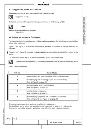3.3 Suggestions, notes and cautions

                                          Suggestions and special notes are marked by the following symbol:




                                                                                                                                                             not permitted without written authorization from Alcatel.
                                                      Suggestion or note....




                                                                                                                                                               All rights reserved. Passing on and copying of this
                                                                                                                                                               document, use and communication of its contents
                                          Cautions to avoid possible equipment damage are marked by the following symbol:

                                                              TITLE...

                                          (caution to avoid equipment damage)
                                                    statement....


                                          3.4 Labels affixed to the Equipment

                                          This chapter indicates the positions and the information contained on the identification and serial labels
                                          affixed to the equipment.

                                          Figure 1. thru’ Figure 7. illustrate the most common positions of the labels on the units, modules and
                                          subracks.

                                          Figure 8. thru’ Figure 13. illustrate the information (e.g., identification and serial No.) printed on the
                                          labels.

                                          The table below relates the ref. numbers stated on the figures to the labels used.

                                                      Labelling depicted hereafter is for indicative purposes and could be changed without any notice.


                                          Table 12. Label references



                                                  Ref. No.                                              Name of Label

                                                        1                label specifying item not on catalogue (P/N. and serial number)

                                                        2                label specifying item on catalogue (P/N. and serial number)
                                                                         Refer to Figure 9. on page 48

                                                        3                item identification label – item on catalog
                                                                         Refer to Figure 10. on page 49

                                                        4                label identifying the equipment
                                                                         Refer to Figure 11. on page 49

                                                        5                label identifying compliancy with CE and WEEE Directives.
                                                                         Refer to Figure 12. and Figure 13. on page 50


                                          On contract basis, customized labels can be affixed to the equipment.
                                          Standard labels can be affixed to any position on the equipment, as required by the Customer.
                                          However, for each of the above are applied the rules defined by each individual Customer.
1AA 00014 0004 (9007) A4 – ALICE 04.10




                                         ED      03

                                                                                                             3AL 91669 AA AA                      40 / 706


                                                                                                                        706
 