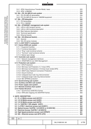 3.5.1 ATM ( Asynchronous Transfer Mode) basic . . . . . . . . . . . . . . . . . . . . . . . . . . . . . . . . . . . .                                   225
                                                                                                   3.5.2 ATM in1660SM . . . . . . . . . . . . . . . . . . . . . . . . . . . . . . . . . . . . . . . . . . . . . . . . . . . . . . . . . . . . .            229
                                                                                                3.6 ISA – PR_EA (MPLS) sub–system . . . . . . . . . . . . . . . . . . . . . . . . . . . . . . . . . . . . . . . . . . . . . . .                            234
                                                                                                   3.6.1 PR_EA (MPLS) generalities . . . . . . . . . . . . . . . . . . . . . . . . . . . . . . . . . . . . . . . . . . . . . . . . . .                     234
not permitted without written authorization from Alcatel.




                                                                                                   3.6.2 PR_EA (MPLS) service in 1660SM equipment . . . . . . . . . . . . . . . . . . . . . . . . . . . . . . . . . .                                      241
  All rights reserved. Passing on and copying of this
  document, use and communication of its contents




                                                                                                3.7 ISA – PR Subsystem . . . . . . . . . . . . . . . . . . . . . . . . . . . . . . . . . . . . . . . . . . . . . . . . . . . . . . . . . . .               245
                                                                                                   3.7.1 PR Generalities . . . . . . . . . . . . . . . . . . . . . . . . . . . . . . . . . . . . . . . . . . . . . . . . . . . . . . . . . . . . .         245
                                                                                                   3.7.2 PR in 1660SM . . . . . . . . . . . . . . . . . . . . . . . . . . . . . . . . . . . . . . . . . . . . . . . . . . . . . . . . . . . . . .          246
                                                                                                3.8 ISA – ETHERNET management sub–system . . . . . . . . . . . . . . . . . . . . . . . . . . . . . . . . . . . . .                                         263
                                                                                                   3.8.1 LAN to LAN transport service . . . . . . . . . . . . . . . . . . . . . . . . . . . . . . . . . . . . . . . . . . . . . . . . .                    263
                                                                                                   3.8.2 LAN to LAN functional description . . . . . . . . . . . . . . . . . . . . . . . . . . . . . . . . . . . . . . . . . . . . .                       264
                                                                                                   3.8.3 Main features description . . . . . . . . . . . . . . . . . . . . . . . . . . . . . . . . . . . . . . . . . . . . . . . . . . . . .               265
                                                                                                   3.8.4 Technical specification . . . . . . . . . . . . . . . . . . . . . . . . . . . . . . . . . . . . . . . . . . . . . . . . . . . . . . .             273
                                                                                                   3.8.5 Ethernet boards . . . . . . . . . . . . . . . . . . . . . . . . . . . . . . . . . . . . . . . . . . . . . . . . . . . . . . . . . . . . .         275
                                                                                                3.9 ISA – ES (Ethernet Switch) . . . . . . . . . . . . . . . . . . . . . . . . . . . . . . . . . . . . . . . . . . . . . . . . . . . . . .                 281
                                                                                                   3.9.1 General . . . . . . . . . . . . . . . . . . . . . . . . . . . . . . . . . . . . . . . . . . . . . . . . . . . . . . . . . . . . . . . . . . . .   281
                                                                                                   3.9.2 ISA–ES series modules . . . . . . . . . . . . . . . . . . . . . . . . . . . . . . . . . . . . . . . . . . . . . . . . . . . . . .                 284
                                                                                                3.10 4 x ANY HOST C subsystem . . . . . . . . . . . . . . . . . . . . . . . . . . . . . . . . . . . . . . . . . . . . . . . . . . .                        293
                                                                                                3.11 Coarse WDM sub–system . . . . . . . . . . . . . . . . . . . . . . . . . . . . . . . . . . . . . . . . . . . . . . . . . . . . .                       300
                                                                                                   3.11.1 Equipment facilities . . . . . . . . . . . . . . . . . . . . . . . . . . . . . . . . . . . . . . . . . . . . . . . . . . . . . . . . .           301
                                                                                                   3.11.2 Functional description . . . . . . . . . . . . . . . . . . . . . . . . . . . . . . . . . . . . . . . . . . . . . . . . . . . . . .               303
                                                                                                   3.11.3 “Ring” node functional scheme . . . . . . . . . . . . . . . . . . . . . . . . . . . . . . . . . . . . . . . . . . . . . . .                      304
                                                                                                   3.11.4 “Terminal” node functional scheme . . . . . . . . . . . . . . . . . . . . . . . . . . . . . . . . . . . . . . . . . . .                          307
                                                                                                   3.11.5 Optical span design . . . . . . . . . . . . . . . . . . . . . . . . . . . . . . . . . . . . . . . . . . . . . . . . . . . . . . . .              309
                                                                                                3.12 Controller sub–system . . . . . . . . . . . . . . . . . . . . . . . . . . . . . . . . . . . . . . . . . . . . . . . . . . . . . . . .                 315
                                                                                                   3.12.1 Network management interfaces . . . . . . . . . . . . . . . . . . . . . . . . . . . . . . . . . . . . . . . . . . . . .                          317
                                                                                                   3.12.2 ATM/IP/MPLS over SDH Management . . . . . . . . . . . . . . . . . . . . . . . . . . . . . . . . . . . . . . . .                                  319
                                                                                                3.13 Protection sub–system . . . . . . . . . . . . . . . . . . . . . . . . . . . . . . . . . . . . . . . . . . . . . . . . . . . . . . . .                 321
                                                                                                   3.13.1 EPS Protections . . . . . . . . . . . . . . . . . . . . . . . . . . . . . . . . . . . . . . . . . . . . . . . . . . . . . . . . . . .            322
                                                                                                   3.13.2 MS linear trail Protection (1+1 linear APS) . . . . . . . . . . . . . . . . . . . . . . . . . . . . . . . . . . . . .                            335
                                                                                                   3.13.3 MS linear trail Protection (1:N linear dual–ended APS) . . . . . . . . . . . . . . . . . . . . . . . . . .                                       337
                                                                                                   3.13.4 SNCP (Sub–Network Connection Protection) . . . . . . . . . . . . . . . . . . . . . . . . . . . . . . . . . .                                     339
                                                                                                   3.13.5 Drop & Continue . . . . . . . . . . . . . . . . . . . . . . . . . . . . . . . . . . . . . . . . . . . . . . . . . . . . . . . . . . .            344
                                                                                                   3.13.6 Collapsed dual node ring interconnection . . . . . . . . . . . . . . . . . . . . . . . . . . . . . . . . . . . . .                               348
                                                                                                   3.13.7 Collapsed single node ring interconnection . . . . . . . . . . . . . . . . . . . . . . . . . . . . . . . . . . . .                               351
                                                                                                   3.13.8 MS–SPRING protection . . . . . . . . . . . . . . . . . . . . . . . . . . . . . . . . . . . . . . . . . . . . . . . . . . . . .                   354
                                                                                                3.14 Synchronizing sub–system . . . . . . . . . . . . . . . . . . . . . . . . . . . . . . . . . . . . . . . . . . . . . . . . . . . .                      363
                                                                                                3.15 Auxiliary and DCC sub–system . . . . . . . . . . . . . . . . . . . . . . . . . . . . . . . . . . . . . . . . . . . . . . . .                          365
                                                                                                3.16 Power supply sub–system . . . . . . . . . . . . . . . . . . . . . . . . . . . . . . . . . . . . . . . . . . . . . . . . . . . . .                     367
                                                                                                3.17 Remote inventory Sub–system . . . . . . . . . . . . . . . . . . . . . . . . . . . . . . . . . . . . . . . . . . . . . . . .                           370
                                                                                                3.18 Frames Structure . . . . . . . . . . . . . . . . . . . . . . . . . . . . . . . . . . . . . . . . . . . . . . . . . . . . . . . . . . . . .            371
                                                                                                   3.18.1 Synchronous 2048 Kb/s frames . . . . . . . . . . . . . . . . . . . . . . . . . . . . . . . . . . . . . . . . . . . . . .                         380
                                                                                                   3.18.2 ATM cells mapping into SDH/PDH frames . . . . . . . . . . . . . . . . . . . . . . . . . . . . . . . . . . . . .                                  383

                                                                                            4 UNITS DESCRIPTION . . . . . . . . . . . . . . . . . . . . . . . . . . . . . . . . . . . . . . . . . . . . . . . . . . . . . . . . . . . . . .                385
                                                                                              4.1 21 x 2 Mbit/s access card (A21E1) . . . . . . . . . . . . . . . . . . . . . . . . . . . . . . . . . . . . . . . . . . . . . . .                          385
                                                                                              4.2 3 X 34 Mbit/s access card (A3E3) . . . . . . . . . . . . . . . . . . . . . . . . . . . . . . . . . . . . . . . . . . . . . . . .                         387
                                                                                              4.3 3 X 45 Mbit/s access card (A3T3) . . . . . . . . . . . . . . . . . . . . . . . . . . . . . . . . . . . . . . . . . . . . . . . .                         389
                                                                                              4.4 2 x 140/STM–1 O/E adapter (A2S1) . . . . . . . . . . . . . . . . . . . . . . . . . . . . . . . . . . . . . . . . . . . . . .                             391
                                                                                              4.5 4 x STM–1 electrical access card (A4ES1) . . . . . . . . . . . . . . . . . . . . . . . . . . . . . . . . . . . . . . . .                                 393
                                                                                              4.6 Optical Access 12xSTM–1 (A12OS1E or A12OS1SE) . . . . . . . . . . . . . . . . . . . . . . . . . . . . . .                                                395
                                                  1AA 00014 0004 (9007) A4 – ALICE 04.10




                                                                                              4.7 Electrical Access 16xSTM–1 (A16ES1E) . . . . . . . . . . . . . . . . . . . . . . . . . . . . . . . . . . . . . . . . .                                   398
                                                                                              4.8 High Speed protection access card (HPROT) . . . . . . . . . . . . . . . . . . . . . . . . . . . . . . . . . . . .                                        401
                                                                                              4.9 ISA – Ethernet access card (ETH–ATX) . . . . . . . . . . . . . . . . . . . . . . . . . . . . . . . . . . . . . . . . . .                                 403

                                                                                           ED          03

                                                                                                                                                                                              3AL 91669 AA AA                                               3 / 706


                                                                                                                                                                                                                    706
 