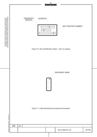 not permitted without written authorization from Alcatel.




                                                                                                     FREQUENCY        ACRONYM
  All rights reserved. Passing on and copying of this
  document, use and communication of its contents




                                                                                                      (Optional)


                                                                                                                                                         ANV ITEM PART NUMBER




                                                                                                             Figure 10. Item identification labels – item on catalog




                                                                                                                                              EQUIPMENT NAME




                                                                                                             Figure 11. Label identifying the equipment (example)
                                                  1AA 00014 0004 (9007) A4 – ALICE 04.10




                                                                                           ED   03

                                                                                                                                                  3AL 91669 AA AA               49 / 706


                                                                                                                                                                706
 