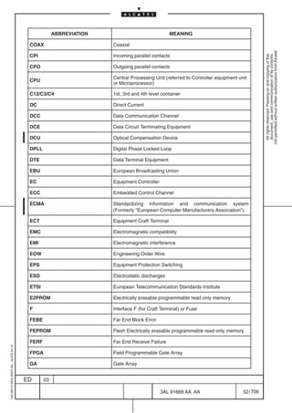 ABBREVIATION                              MEANING

                                          COAX                       Coaxial




                                                                                                                                            not permitted without written authorization from Alcatel.
                                          CPI                        Incoming parallel contacts




                                                                                                                                              All rights reserved. Passing on and copying of this
                                                                                                                                              document, use and communication of its contents
                                          CPO                        Outgoing parallel contacts

                                                                     Central Processing Unit (referred to Controller equipment unit
                                          CPU
                                                                     or Microprocessor)

                                          C12/C3/C4                  1st, 3rd and 4th level container

                                          DC                         Direct Current

                                          DCC                        Data Communication Channel

                                          DCE                        Data Circuit Terminating Equipment

                                          DCU                        Optical Compensation Device

                                          DPLL                       Digital Phase Locked Loop

                                          DTE                        Data Terminal Equipment

                                          EBU                        European Broadcasting Union

                                          EC                         Equipment Controller

                                          ECC                        Embedded Control Channel

                                          ECMA                       Standardizing information and communication system
                                                                     (Formerly ”European Computer Manufacturers Association”).

                                          ECT                        Equipment Craft Terminal

                                          EMC                        Electromagnetic compatibility

                                          EMI                        Electromagnetic interference

                                          EOW                        Engineering Order Wire

                                          EPS                        Equipment Protection Switching

                                          ESD                        Electrostatic discharges

                                          ETSI                       European Telecommunication Standards Institute

                                          E2PROM                     Electrically erasable programmable read only memory

                                          F                          Interface F (for Craft Terminal) or Fuse

                                          FEBE                       Far End Block Error

                                          FEPROM                     Flesh Electrically erasable programmable read only memory

                                          FERF                       Far End Receive Failure
1AA 00014 0004 (9007) A4 – ALICE 04.10




                                          FPGA                       Field Programmable Gate Array

                                          GA                         Gate Array


                                         ED      03

                                                                                            3AL 91669 AA AA                      52 / 706


                                                                                                         706
 