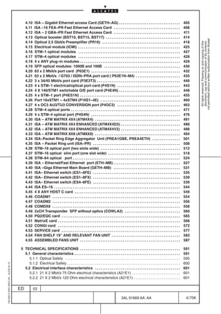 4.10    ISA – Gigabit Ethernet access Card (GETH–AG) . . . . . . . . . . . . . . . . . . . . . . . . . . . . . . . . .                                      405
                                              4.11    ISA –16 FEA–PR Fast Ethernet Access Card . . . . . . . . . . . . . . . . . . . . . . . . . . . . . . . . . . . .                                    408
                                              4.12    ISA – 2 GBA–PR Fast Ethernet Access Card . . . . . . . . . . . . . . . . . . . . . . . . . . . . . . . . . . . .                                    411
                                              4.13    Optical booster (BST10, BST15, BST17) . . . . . . . . . . . . . . . . . . . . . . . . . . . . . . . . . . . . . . . .                               414




                                                                                                                                                                                                                     not permitted without written authorization from Alcatel.
                                              4.14    Optical 2.5 Gbit/s Preamplifier (PR16) . . . . . . . . . . . . . . . . . . . . . . . . . . . . . . . . . . . . . . . . . .                          418




                                                                                                                                                                                                                       All rights reserved. Passing on and copying of this
                                                                                                                                                                                                                       document, use and communication of its contents
                                              4.15    Electrical module (ICMI) . . . . . . . . . . . . . . . . . . . . . . . . . . . . . . . . . . . . . . . . . . . . . . . . . . . . . . .              425
                                              4.16    STM–1 optical modules . . . . . . . . . . . . . . . . . . . . . . . . . . . . . . . . . . . . . . . . . . . . . . . . . . . . . . .                 427
                                              4.17    STM–4 optical modules . . . . . . . . . . . . . . . . . . . . . . . . . . . . . . . . . . . . . . . . . . . . . . . . . . . . . . .                 428
                                              4.18    4 x ANY plug–in modules . . . . . . . . . . . . . . . . . . . . . . . . . . . . . . . . . . . . . . . . . . . . . . . . . . . . . .                 429
                                              4.19    SFP optical modules: 1000B and 100B . . . . . . . . . . . . . . . . . . . . . . . . . . . . . . . . . . . . . . . . .                               430
                                              4.20    63 x 2 Mbit/s port card (P63E1) . . . . . . . . . . . . . . . . . . . . . . . . . . . . . . . . . . . . . . . . . . . . . . . .                     432
                                              4.21    63 x 2 Mbit/s / G703 / ISDN–PRA port card ( P63E1N–M4) . . . . . . . . . . . . . . . . . . . . . . . .                                              435
                                              4.22    3 x 34/45 Mbit/s port card (P3E3T3) . . . . . . . . . . . . . . . . . . . . . . . . . . . . . . . . . . . . . . . . . . . . .                       440
                                              4.23    4 x STM–1 electrical/optical port card (P4S1N) . . . . . . . . . . . . . . . . . . . . . . . . . . . . . . . . . .                                  443
                                              4.24    4 X 140/STM1 switchable O/E port card (P4E4N) . . . . . . . . . . . . . . . . . . . . . . . . . . . . . . . . .                                     448
                                              4.25    4 x STM–1 port (P4ES1N) . . . . . . . . . . . . . . . . . . . . . . . . . . . . . . . . . . . . . . . . . . . . . . . . . . . . . .                 455
                                              4.26    Port 16xSTM1 – 4xSTM4 (P16S1–4E) . . . . . . . . . . . . . . . . . . . . . . . . . . . . . . . . . . . . . . . . . . .                              460
                                              4.27    4 x OC3 AU3/TU3 CONVERSION port (P4OC3) . . . . . . . . . . . . . . . . . . . . . . . . . . . . . . . . . .                                         463
                                              4.28    STM–4 optical ports . . . . . . . . . . . . . . . . . . . . . . . . . . . . . . . . . . . . . . . . . . . . . . . . . . . . . . . . . . .           471
                                              4.29    4 x STM–4 optical port (P4S4N) . . . . . . . . . . . . . . . . . . . . . . . . . . . . . . . . . . . . . . . . . . . . . . . .                      476
                                              4.30    ISA – ATM MATRIX 4X4 (ATM4X4) . . . . . . . . . . . . . . . . . . . . . . . . . . . . . . . . . . . . . . . . . . . . . .                           481
                                              4.31    ISA – ATM MATRIX 4X4 ENHANCED (ATM4X4D3) . . . . . . . . . . . . . . . . . . . . . . . . . . . . . . . .                                            488
                                              4.32    ISA – ATM MATRIX 4X4 ENHANCED (ATM4X4V2) . . . . . . . . . . . . . . . . . . . . . . . . . . . . . . . .                                            488
                                              4.33    ISA – ATM MATRIX 8X8 (ATM8X8) . . . . . . . . . . . . . . . . . . . . . . . . . . . . . . . . . . . . . . . . . . . . . .                           494
                                              4.34    ISA–Packet Ring Edge Aggregator Unit (PREA1GBE, PREA4ETH) . . . . . . . . . . . . . . .                                                             501
                                              4.35    ISA – Packet Ring unit (ISA–PR) . . . . . . . . . . . . . . . . . . . . . . . . . . . . . . . . . . . . . . . . . . . . . . .                       508
                                              4.36    STM–16 optical port (two slots wide) . . . . . . . . . . . . . . . . . . . . . . . . . . . . . . . . . . . . . . . . . . .                          512
                                              4.37    STM–16 optical slim port (one slot wide) . . . . . . . . . . . . . . . . . . . . . . . . . . . . . . . . . . . . . . .                              518
                                              4.38    STM–64 optical port . . . . . . . . . . . . . . . . . . . . . . . . . . . . . . . . . . . . . . . . . . . . . . . . . . . . . . . . . .             524
                                              4.39    ISA – Ethernet/Fast Ethernet port (ETH–MB) . . . . . . . . . . . . . . . . . . . . . . . . . . . . . . . . . . . .                                  527
                                              4.40    ISA –Giga Ethernet Main Board (GETH–MB) . . . . . . . . . . . . . . . . . . . . . . . . . . . . . . . . . . . .                                     531
                                              4.41    ISA– Ethernet switch (ES1–8FE) . . . . . . . . . . . . . . . . . . . . . . . . . . . . . . . . . . . . . . . . . . . . . . .                        535
                                              4.42    ISA– Ethernet switch (ES1–8FX) . . . . . . . . . . . . . . . . . . . . . . . . . . . . . . . . . . . . . . . . . . . . . . .                        539
                                              4.43    ISA– Ethernet switch (ES4–8FE) . . . . . . . . . . . . . . . . . . . . . . . . . . . . . . . . . . . . . . . . . . . . . . .                        539
                                              4.44    ISA ES–16 . . . . . . . . . . . . . . . . . . . . . . . . . . . . . . . . . . . . . . . . . . . . . . . . . . . . . . . . . . . . . . . . . . . .   544
                                              4.45    4 X ANY HOST C card . . . . . . . . . . . . . . . . . . . . . . . . . . . . . . . . . . . . . . . . . . . . . . . . . . . . . . . . .               549
                                              4.46    COADM1 . . . . . . . . . . . . . . . . . . . . . . . . . . . . . . . . . . . . . . . . . . . . . . . . . . . . . . . . . . . . . . . . . . . . .    554
                                              4.47    COADM2 . . . . . . . . . . . . . . . . . . . . . . . . . . . . . . . . . . . . . . . . . . . . . . . . . . . . . . . . . . . . . . . . . . . . .    556
                                              4.48    COMDX8 . . . . . . . . . . . . . . . . . . . . . . . . . . . . . . . . . . . . . . . . . . . . . . . . . . . . . . . . . . . . . . . . . . . . .    558
                                              4.49    2xCH Transponder SFP without optics (COWLA2) . . . . . . . . . . . . . . . . . . . . . . . . . . . . . .                                            560
                                              4.50    PQ2/EQC card . . . . . . . . . . . . . . . . . . . . . . . . . . . . . . . . . . . . . . . . . . . . . . . . . . . . . . . . . . . . . . . .        565
                                              4.51    MatrixE card . . . . . . . . . . . . . . . . . . . . . . . . . . . . . . . . . . . . . . . . . . . . . . . . . . . . . . . . . . . . . . . . . .    568
                                              4.52    CONGI card . . . . . . . . . . . . . . . . . . . . . . . . . . . . . . . . . . . . . . . . . . . . . . . . . . . . . . . . . . . . . . . . . .      572
                                              4.53    SERVICE card . . . . . . . . . . . . . . . . . . . . . . . . . . . . . . . . . . . . . . . . . . . . . . . . . . . . . . . . . . . . . . . .        577
                                              4.54    FAN SHELF 19” AND RELEVANT FAN UNIT . . . . . . . . . . . . . . . . . . . . . . . . . . . . . . . . . . . . .                                       583
                                              4.55    ASSEMBLED FANS UNIT . . . . . . . . . . . . . . . . . . . . . . . . . . . . . . . . . . . . . . . . . . . . . . . . . . . . . .                     587

                                          5 TECHNICAL SPECIFICATIONS . . . . . . . . . . . . . . . . . . . . . . . . . . . . . . . . . . . . . . . . . . . . . . . . . . . . . .                          591
                                            5.1 General characteristics . . . . . . . . . . . . . . . . . . . . . . . . . . . . . . . . . . . . . . . . . . . . . . . . . . . . . . . . .                 591
                                               5.1.1 Optical Safety . . . . . . . . . . . . . . . . . . . . . . . . . . . . . . . . . . . . . . . . . . . . . . . . . . . . . . . . . . . . . .           595
                                               5.1.2 Electrical Safety . . . . . . . . . . . . . . . . . . . . . . . . . . . . . . . . . . . . . . . . . . . . . . . . . . . . . . . . . . . . .          600
1AA 00014 0004 (9007) A4 – ALICE 04.10




                                            5.2 Electrical interface characteristics . . . . . . . . . . . . . . . . . . . . . . . . . . . . . . . . . . . . . . . . . . . . . .                          601
                                               5.2.1 21 X 2 Mbit/s 75 Ohm electrical characteristics (A21E1) . . . . . . . . . . . . . . . . . . . . . . . . . .                                          601
                                               5.2.2 21 X 2 Mbit/s 120 Ohm electrical characteristics (A21E1) . . . . . . . . . . . . . . . . . . . . . . . . .                                           601

                                         ED          03

                                                                                                                                            3AL 91669 AA AA                                                4 / 706


                                                                                                                                                                  706
 