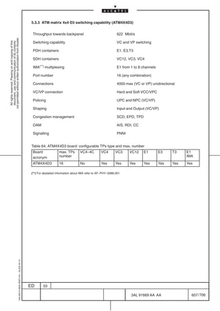 5.3.3 ATM matrix 4x4 D3 switching capability (ATM4X4D3)


                                                                                             Throughput towards backpanel                                 622 Mbit/s
not permitted without written authorization from Alcatel.




                                                                                             Switching capability                                         VC and VP switching
  All rights reserved. Passing on and copying of this
  document, use and communication of its contents




                                                                                             PDH containers                                               E1, E3,T3

                                                                                             SDH containers                                               VC12, VC3, VC4

                                                                                             IMA(**) multiplexing                                         E1 from 1 to 8 channels

                                                                                             Port number                                                  16 (any combination)

                                                                                             Connections                                                  4000 max (VC or VP) unidirectional

                                                                                             VC/VP connection                                             Hard and Soft VCC/VPC

                                                                                             Policing                                                     UPC and NPC (VC/VP)

                                                                                             Shaping                                                      Input and Output (VC/VP)

                                                                                             Congestion management                                        SCD, EPD, TPD

                                                                                             OAM                                                          AIS, RDI, CC

                                                                                             Signalling                                                   PNNI


                                                                                            Table 64. ATM4X4D3 board: configurable TPs type and max, number
                                                                                             Board              max. TPs       VC4–4C          VC4       VC3     VC12     E1        E3    T3    E1
                                                                                             acronym            number                                                                          IMA
                                                                                             ATM4X4D3           16             No              Yes       Yes     Yes      Yes       Yes   Yes   Yes

                                                                                            (**) For deatailed information about IMA refer to AF–PHY–0086.001
                                                  1AA 00014 0004 (9007) A4 – ALICE 04.10




                                                                                           ED       03

                                                                                                                                                                  3AL 91669 AA AA                 607 / 706


                                                                                                                                                                                 706
 