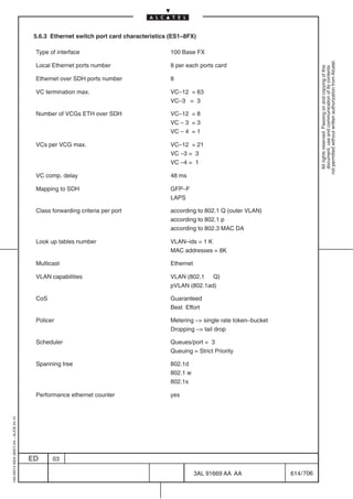 5.6.3 Ethernet switch port card characteristics (ES1–8FX)

                                          Type of interface                               100 Base FX




                                                                                                                                             not permitted without written authorization from Alcatel.
                                          Local Ethernet ports number                     8 per each ports card




                                                                                                                                               All rights reserved. Passing on and copying of this
                                                                                                                                               document, use and communication of its contents
                                          Ethernet over SDH ports number                  8

                                          VC termination max.                             VC–12 = 63
                                                                                          VC–3 = 3

                                          Number of VCGs ETH over SDH                     VC–12 = 8
                                                                                          VC – 3 = 3
                                                                                          VC – 4 = 1

                                          VCs per VCG max.                                VC–12 = 21
                                                                                          VC –3 = 3
                                                                                          VC –4 = 1

                                          VC comp. delay                                  48 ms

                                          Mapping to SDH                                  GFP–F
                                                                                          LAPS

                                          Class forwarding criteria per port              according to 802.1 Q (outer VLAN)
                                                                                          according to 802.1 p
                                                                                          according to 802.3 MAC DA

                                          Look up tables number                           VLAN–ids = 1 K
                                                                                          MAC addresses = 8K

                                          Multicast                                       Ethernet

                                          VLAN capabilities                               VLAN (802.1 Q)
                                                                                          pVLAN (802.1ad)

                                          CoS                                             Guaranteed
                                                                                          Best Effort

                                          Policer                                         Metering – single rate token–bucket
                                                                                          Dropping – tail drop

                                          Scheduler                                       Queues/port = 3
                                                                                          Queuing = Strict Priority

                                          Spanning tree                                   802.1d
                                                                                          802.1 w
                                                                                          802.1s

                                          Performance ethernet counter                    yes
1AA 00014 0004 (9007) A4 – ALICE 04.10




                                         ED     03

                                                                                                     3AL 91669 AA AA             614 / 706


                                                                                                                  706
 