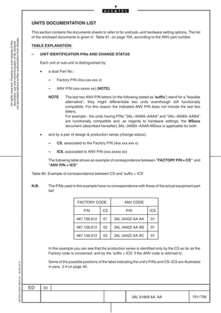 UNITS DOCUMENTATION LIST

                                                                                            This section contains the documents sheets to refer to for unit/sub–unit hardware setting options. The list
                                                                                            of the enclosed documents is given in Table 81. on page 704, according to the ANV part number.
not permitted without written authorization from Alcatel.
  All rights reserved. Passing on and copying of this
  document, use and communication of its contents




                                                                                            TABLE EXPLANATION:

                                                                                            –      UNIT IDENTIFICATION P/Ns AND CHANGE STATUS

                                                                                                   Each unit or sub-unit is distinguished by:

                                                                                                   •        a dual Part No.:

                                                                                                            –    Factory P/N (4xx.xxx.xxx x)

                                                                                                            –    ANV P/N (xxx.xxxxx xx) (NOTE)

                                                                                                            NOTE      The last two ANV-P/N letters (in the following stated as ’suffix’) stand for a ”feasible
                                                                                                                      alternative”, they might differentiate two units eventhough still functionally
                                                                                                                      compatible. For this reason the indicated ANV P/N does not include the last two
                                                                                                                      letters.
                                                                                                                      For example : the units having P/Ns ”3AL–34065–AAAA” and ”3AL–34065–AABA”
                                                                                                                      are functionally compatible and, as regards to hardware settings, the MSxxx
                                                                                                                      document (described hereafter) 3AL–34065–AAAA-MSxxx is applicable for both.

                                                                                                   •        and by a pair of design  production series (change status):

                                                                                                            –    CS, associated to the Factory P/N (4xx.xxx.xxx x)

                                                                                                            –    ICS, associated to ANV P/N (xxx.xxxxx xx)

                                                                                                            The following table shows an example of correspondence between ”FACTORY P/N + CS” and
                                                                                                            ”ANV P/N + ICS”

                                                                                            Table 80. Example of correspondence between CS and ’suffix + ICS’


                                                                                            N.B.            The P/Ns used in this example have no correspondence with those of the actual equipment part
                                                                                                            list!


                                                                                                                               FACTORY CODE                 ANV CODE

                                                                                                                                  P/N          CS            P/N            ICS

                                                                                                                               487.156.612     01    3AL 34422 AA AA         01

                                                                                                                               487.156.612     02    3AL 34422 AA AB         01

                                                                                                                               487.156.612     03    3AL 34422 AA AC         01


                                                                                                            In this example you can see that the production series is identified only by the CS as far as the
                                                                                                            Factory code is concerned, and by the ’suffix + ICS’ if the ANV code is referred to.

                                                                                                            Some of the possible positions of the label indicating the unit’s P/Ns and CS–ICS are illustrated
                                                  1AA 00014 0004 (9007) A4 – ALICE 04.10




                                                                                                            in para. 3.4 on page 40.




                                                                                           ED          03

                                                                                                                                                                 3AL 91669 AA AA                        701 / 706


                                                                                                                                                                               706
 