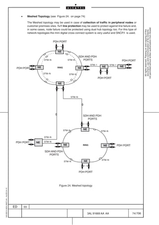 •        Meshed Topology (see Figure 24. on page 74)

                                                       The Meshed topology may be used in case of collection of traffic in peripheral nodes or
                                                       customer premises sites. 1+1 line protection may be used to protect against line failure and,




                                                                                                                                                                 not permitted without written authorization from Alcatel.
                                                       in some cases, node failure could be protected using dual hub topology too. For this type of




                                                                                                                                                                   All rights reserved. Passing on and copying of this
                                                                                                                                                                   document, use and communication of its contents
                                                       network topologies the mini digital cross connect system is very useful and SNCP/I is used.


                                                                             PDH PORT


                                                                                 NE
                                                                                                       SDH AND PDH
                                                                     STM–N                  STM–N         PORTS                               PDH PORT
                                                                                                                 STM–1             STM–1
                                                               NE               RING                                       NE               NE
                                          PDH PORT                                                   NE

                                                                    STM–N                    STM–N
                                                                                                                         PDH PORT

                                                                                 NE




                                                                                               STM–N




                                                                                                          SDH AND PDH
                                                                                                             PORTS



                                                                                       STM–N              NE
                                                                                                                          STM–N

                                                                     STM–N

                                          PDH PORT            NE     STM–N
                                                                                       NE                 RING              NE             PDH PORT

                                                                     SDH AND PDH
                                                                        PORTS
                                                                                                                           STM–N
                                                                                       STM–N              NE



                                                                                                       PDH PORT




                                                                                  Figure 24. Meshed topology
1AA 00014 0004 (9007) A4 – ALICE 04.10




                                         ED       03

                                                                                                               3AL 91669 AA AA                        74 / 706


                                                                                                                            706
 