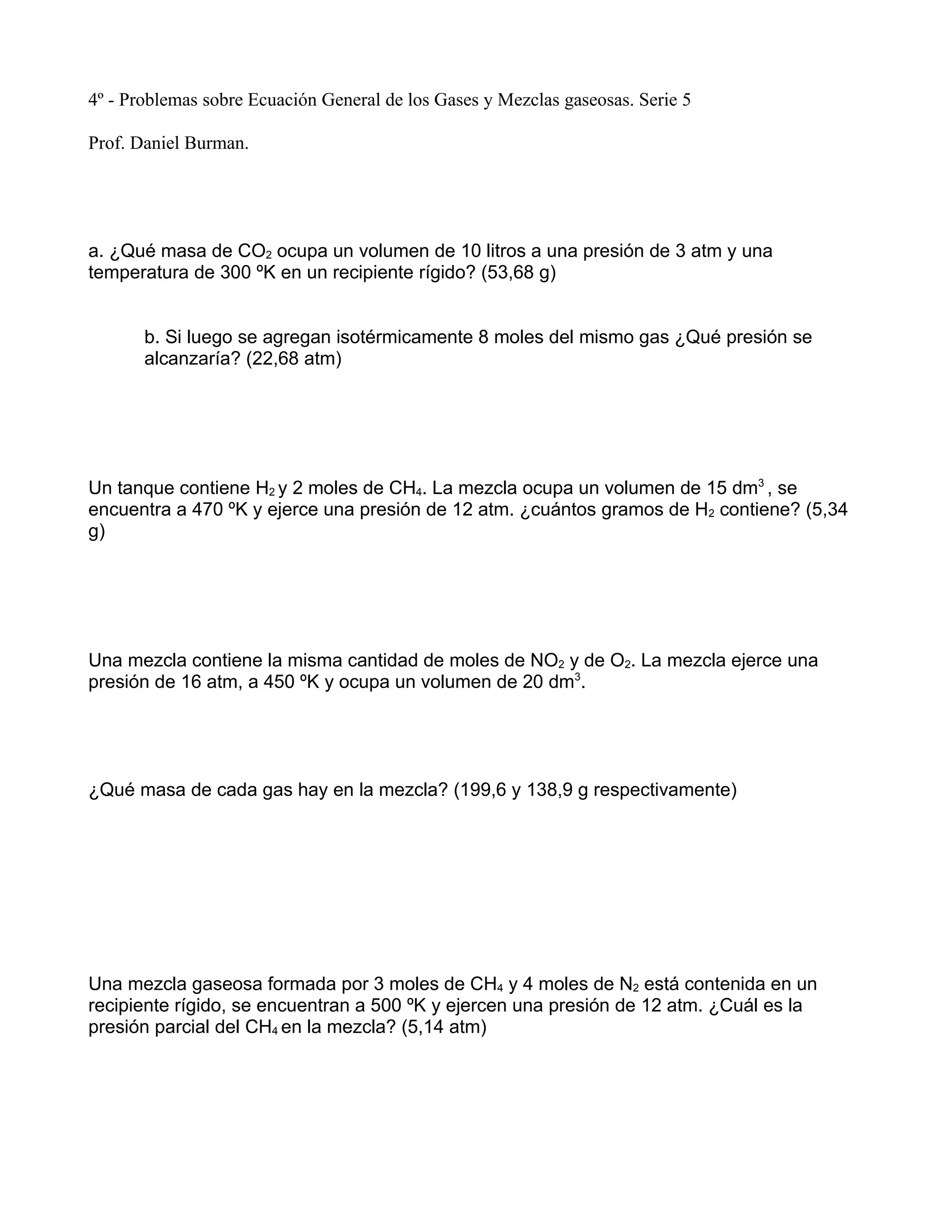 4º - Problemas sobre Ecuación General de los Gases y Mezclas gase | DOC