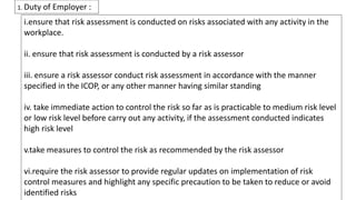 i.ensure that risk assessment is conducted on risks associated with any activity in the
workplace.
ii. ensure that risk assessment is conducted by a risk assessor
iii. ensure a risk assessor conduct risk assessment in accordance with the manner
specified in the ICOP, or any other manner having similar standing
iv. take immediate action to control the risk so far as is practicable to medium risk level
or low risk level before carry out any activity, if the assessment conducted indicates
high risk level
v.take measures to control the risk as recommended by the risk assessor
vi.require the risk assessor to provide regular updates on implementation of risk
control measures and highlight any specific precaution to be taken to reduce or avoid
identified risks
1. Duty of Employer :
 