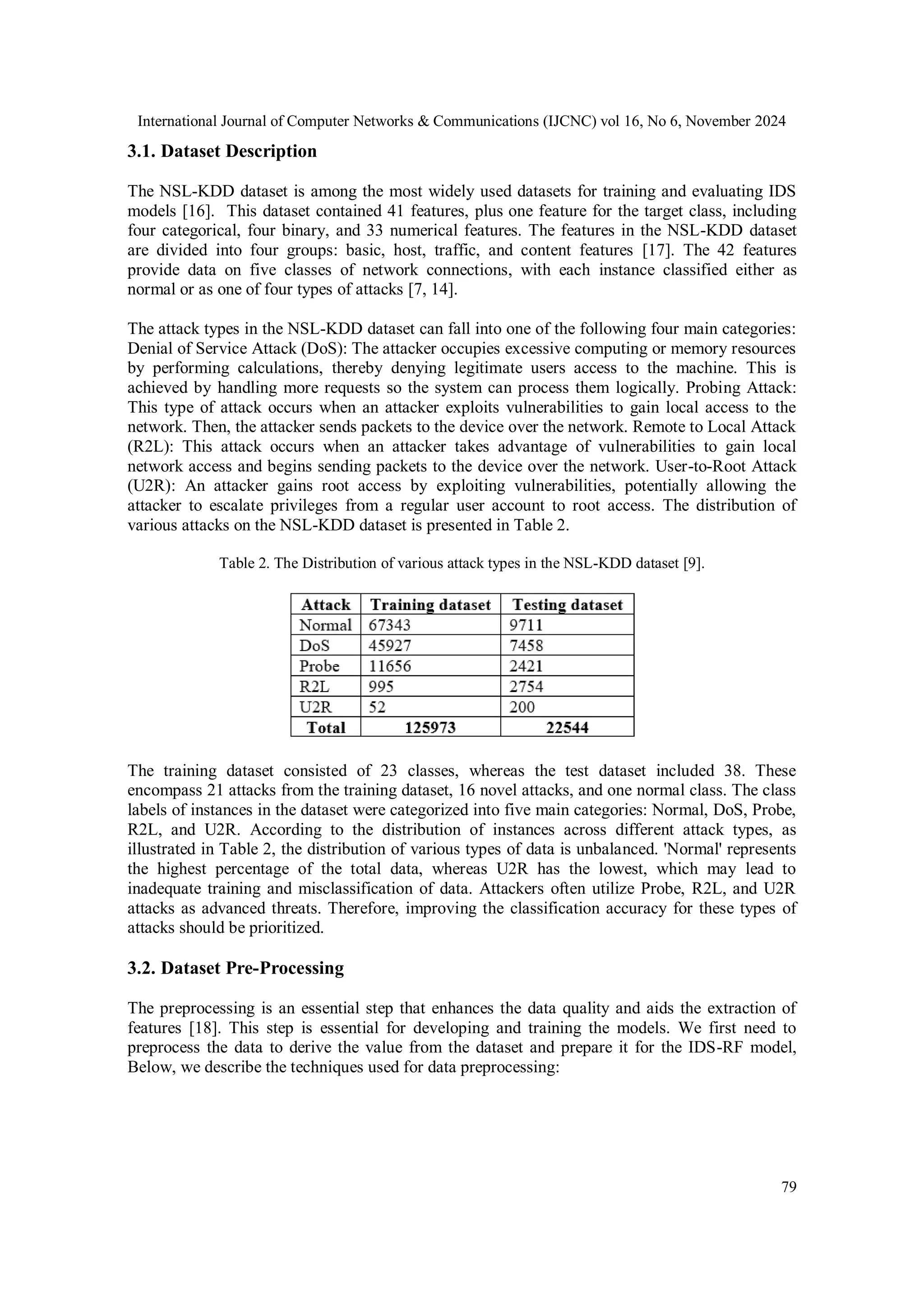 International Journal of Computer Networks & Communications (IJCNC) vol 16, No 6, November 2024 79 3.1. Dataset Description The NSL-KDD dataset is among the most widely used datasets for training and evaluating IDS models [16]. This dataset contained 41 features, plus one feature for the target class, including four categorical, four binary, and 33 numerical features. The features in the NSL-KDD dataset are divided into four groups: basic, host, traffic, and content features [17]. The 42 features provide data on five classes of network connections, with each instance classified either as normal or as one of four types of attacks [7, 14]. The attack types in the NSL-KDD dataset can fall into one of the following four main categories: Denial of Service Attack (DoS): The attacker occupies excessive computing or memory resources by performing calculations, thereby denying legitimate users access to the machine. This is achieved by handling more requests so the system can process them logically. Probing Attack: This type of attack occurs when an attacker exploits vulnerabilities to gain local access to the network. Then, the attacker sends packets to the device over the network. Remote to Local Attack (R2L): This attack occurs when an attacker takes advantage of vulnerabilities to gain local network access and begins sending packets to the device over the network. User-to-Root Attack (U2R): An attacker gains root access by exploiting vulnerabilities, potentially allowing the attacker to escalate privileges from a regular user account to root access. The distribution of various attacks on the NSL-KDD dataset is presented in Table 2. Table 2. The Distribution of various attack types in the NSL-KDD dataset [9]. The training dataset consisted of 23 classes, whereas the test dataset included 38. These encompass 21 attacks from the training dataset, 16 novel attacks, and one normal class. The class labels of instances in the dataset were categorized into five main categories: Normal, DoS, Probe, R2L, and U2R. According to the distribution of instances across different attack types, as illustrated in Table 2, the distribution of various types of data is unbalanced. 'Normal' represents the highest percentage of the total data, whereas U2R has the lowest, which may lead to inadequate training and misclassification of data. Attackers often utilize Probe, R2L, and U2R attacks as advanced threats. Therefore, improving the classification accuracy for these types of attacks should be prioritized. 3.2. Dataset Pre-Processing The preprocessing is an essential step that enhances the data quality and aids the extraction of features [18]. This step is essential for developing and training the models. We first need to preprocess the data to derive the value from the dataset and prepare it for the IDS-RF model, Below, we describe the techniques used for data preprocessing: 