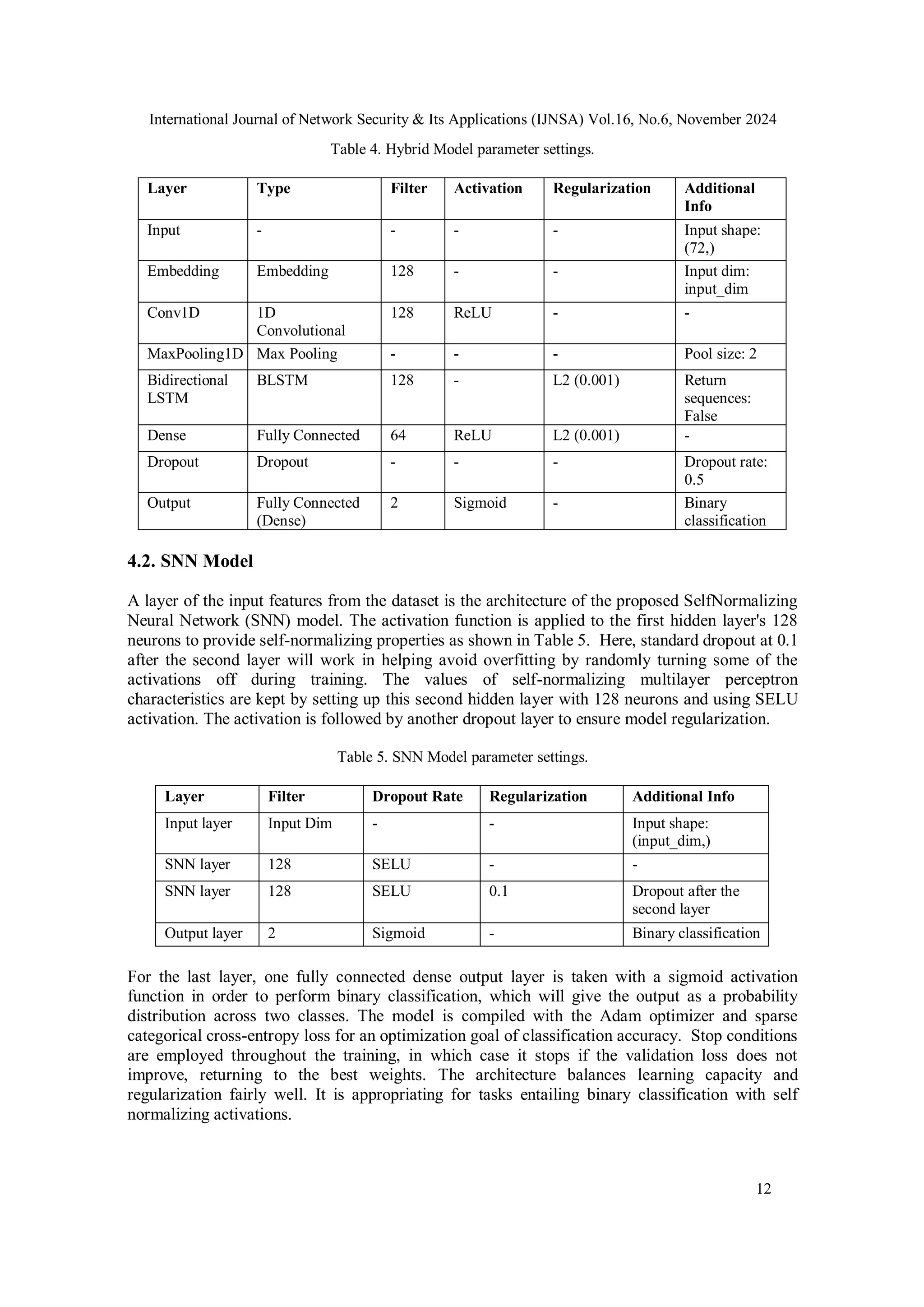 International Journal of Network Security & Its Applications (IJNSA) Vol.16, No.6, November 2024
12
Table 4. Hybrid Model parameter settings.
Layer Type Filter Activation Regularization Additional
Info
Input - - - - Input shape:
(72,)
Embedding Embedding 128 - - Input dim:
input_dim
Conv1D 1D
Convolutional
128 ReLU - -
MaxPooling1D Max Pooling - - - Pool size: 2
Bidirectional
LSTM
BLSTM 128 - L2 (0.001) Return
sequences:
False
Dense Fully Connected 64 ReLU L2 (0.001) -
Dropout Dropout - - - Dropout rate:
0.5
Output Fully Connected
(Dense)
2 Sigmoid - Binary
classification
4.2. SNN Model
A layer of the input features from the dataset is the architecture of the proposed SelfNormalizing
Neural Network (SNN) model. The activation function is applied to the first hidden layer's 128
neurons to provide self-normalizing properties as shown in Table 5. Here, standard dropout at 0.1
after the second layer will work in helping avoid overfitting by randomly turning some of the
activations off during training. The values of self-normalizing multilayer perceptron
characteristics are kept by setting up this second hidden layer with 128 neurons and using SELU
activation. The activation is followed by another dropout layer to ensure model regularization.
Table 5. SNN Model parameter settings.
Layer Filter Dropout Rate Regularization Additional Info
Input layer Input Dim - - Input shape:
(input_dim,)
SNN layer 128 SELU - -
SNN layer 128 SELU 0.1 Dropout after the
second layer
Output layer 2 Sigmoid - Binary classification
For the last layer, one fully connected dense output layer is taken with a sigmoid activation
function in order to perform binary classification, which will give the output as a probability
distribution across two classes. The model is compiled with the Adam optimizer and sparse
categorical cross-entropy loss for an optimization goal of classification accuracy. Stop conditions
are employed throughout the training, in which case it stops if the validation loss does not
improve, returning to the best weights. The architecture balances learning capacity and
regularization fairly well. It is appropriating for tasks entailing binary classification with self
normalizing activations.
 