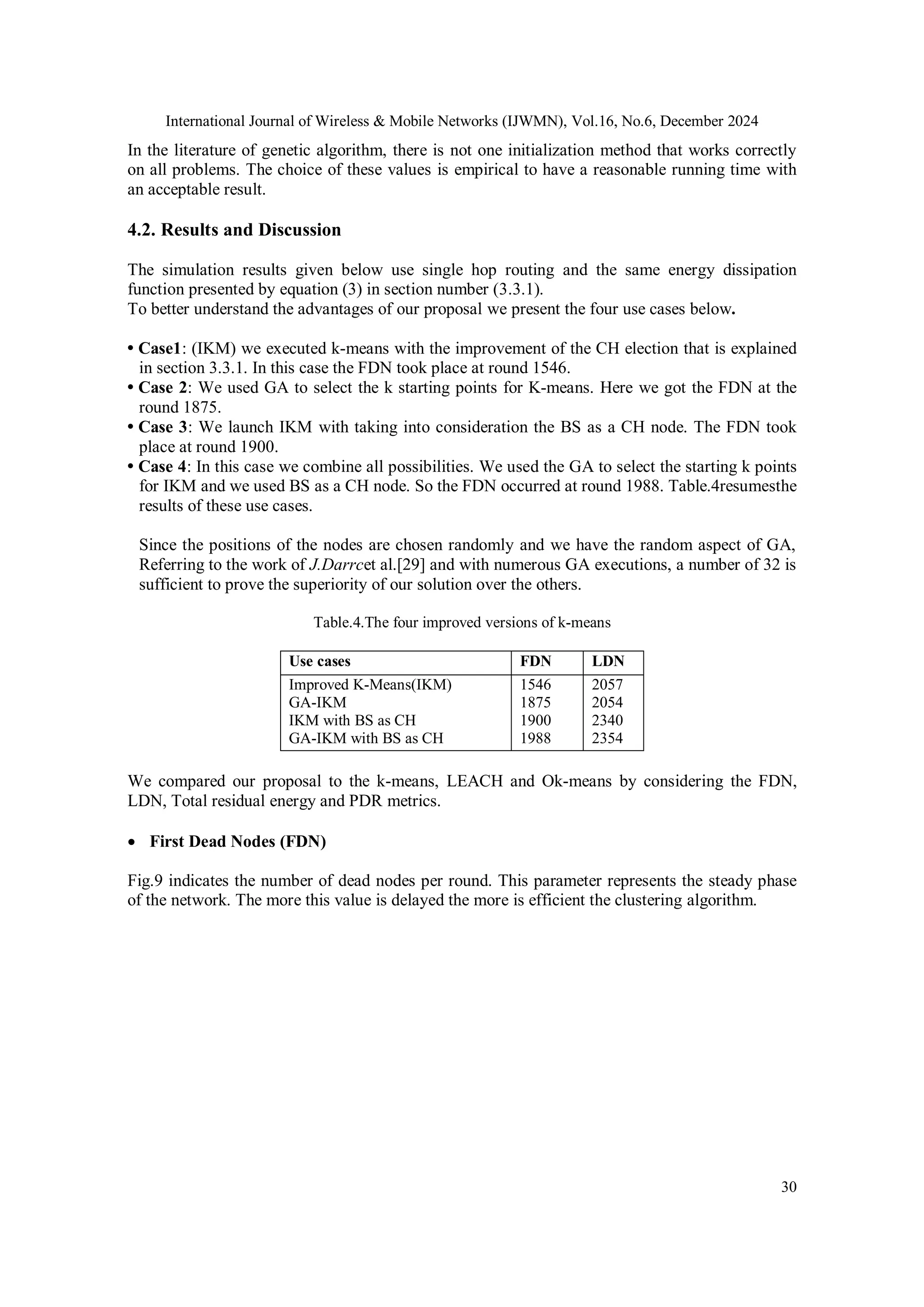 International Journal of Wireless & Mobile Networks (IJWMN), Vol.16, No.6, December 2024
30
In the literature of genetic algorithm, there is not one initialization method that works correctly
on all problems. The choice of these values is empirical to have a reasonable running time with
an acceptable result.
4.2. Results and Discussion
The simulation results given below use single hop routing and the same energy dissipation
function presented by equation (3) in section number (3.3.1).
To better understand the advantages of our proposal we present the four use cases below.
• Case1: (IKM) we executed k-means with the improvement of the CH election that is explained
in section 3.3.1. In this case the FDN took place at round 1546.
• Case 2: We used GA to select the k starting points for K-means. Here we got the FDN at the
round 1875.
• Case 3: We launch IKM with taking into consideration the BS as a CH node. The FDN took
place at round 1900.
• Case 4: In this case we combine all possibilities. We used the GA to select the starting k points
for IKM and we used BS as a CH node. So the FDN occurred at round 1988. Table.4resumesthe
results of these use cases.
Since the positions of the nodes are chosen randomly and we have the random aspect of GA,
Referring to the work of J.Darrcet al.[29] and with numerous GA executions, a number of 32 is
sufficient to prove the superiority of our solution over the others.
Table.4.The four improved versions of k-means
Use cases FDN LDN
Improved K-Means(IKM)
GA-IKM
IKM with BS as CH
GA-IKM with BS as CH
1546
1875
1900
1988
2057
2054
2340
2354
We compared our proposal to the k-means, LEACH and Ok-means by considering the FDN,
LDN, Total residual energy and PDR metrics.
 First Dead Nodes (FDN)
Fig.9 indicates the number of dead nodes per round. This parameter represents the steady phase
of the network. The more this value is delayed the more is efficient the clustering algorithm.
 
