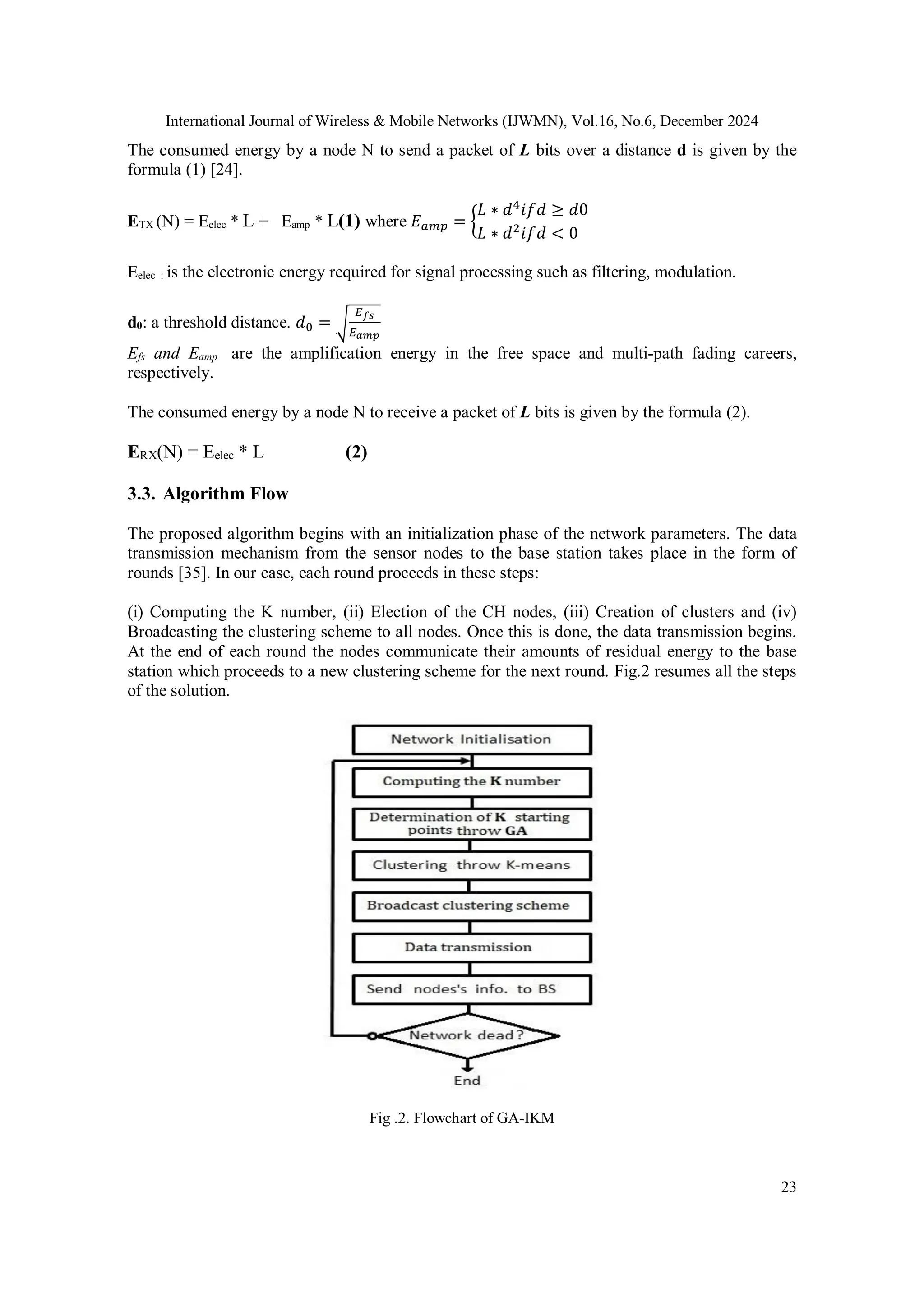 International Journal of Wireless & Mobile Networks (IJWMN), Vol.16, No.6, December 2024
23
The consumed energy by a node N to send a packet of L bits over a distance d is given by the
formula (1) [24].
ETX (N) = Eelec * L + Eamp * L(1) where 𝐸𝑎𝑚𝑝 = {
𝐿 ∗ 𝑑4
𝑖𝑓𝑑 ≥ 𝑑0
𝐿 ∗ 𝑑2
𝑖𝑓𝑑 < 0
Eelec : is the electronic energy required for signal processing such as filtering, modulation.
d0: a threshold distance. 𝑑0 = √
𝐸𝑓𝑠
𝐸𝑎𝑚𝑝
Efs and Eamp are the amplification energy in the free space and multi-path fading careers,
respectively.
The consumed energy by a node N to receive a packet of L bits is given by the formula (2).
ERX(N) = Eelec * L (2)
3.3. Algorithm Flow
The proposed algorithm begins with an initialization phase of the network parameters. The data
transmission mechanism from the sensor nodes to the base station takes place in the form of
rounds [35]. In our case, each round proceeds in these steps:
(i) Computing the K number, (ii) Election of the CH nodes, (iii) Creation of clusters and (iv)
Broadcasting the clustering scheme to all nodes. Once this is done, the data transmission begins.
At the end of each round the nodes communicate their amounts of residual energy to the base
station which proceeds to a new clustering scheme for the next round. Fig.2 resumes all the steps
of the solution.
Fig .2. Flowchart of GA-IKM
 