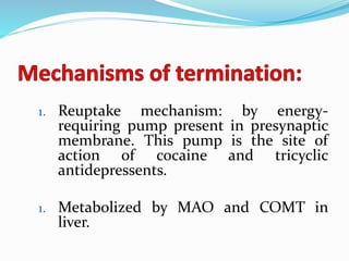 1. Reuptake mechanism: by energy-
requiring pump present in presynaptic
membrane. This pump is the site of
action of cocaine and tricyclic
antidepressents.
1. Metabolized by MAO and COMT in
liver.
 