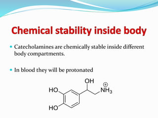  Catecholamines are chemically stable inside different
body compartments.
 In blood they will be protonated
 