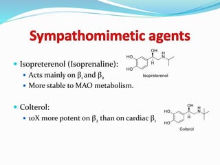  Isopreterenol (Isoprenaline):
 Acts mainly on β1 and β2
 More stable to MAO metabolism.
 Colterol:
 10X more potent on β2 than on cardiac β1
 