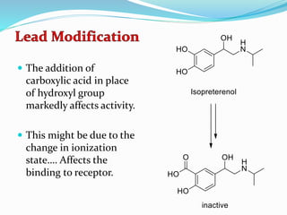  The addition of
carboxylic acid in place
of hydroxyl group
markedly affects activity.
 This might be due to the
change in ionization
state…. Affects the
binding to receptor.
 
