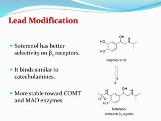 Soterenol has better
selectivity on β2 receptors.
 It binds similar to
catecholamines.
 More stable toward COMT
and MAO enzymes
 