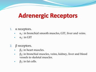 1. receptors.
 1 : in bronchial smooth muscles, GIT, liver and veins.
 2 : in GIT
2. β receptors.
 β1: in heart muscles.
 β2: in bronchial muscles, veins, kidney, liver and blood
vessels to skeletal muscles.
 β3: in fat cells.
 
