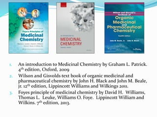 1. An introduction to Medicinal Chemistry by Graham L. Patrick.
4th edition, Oxford, 2009
2. Wilson and Gisvolds text book of organic medicinal and
pharmaceutical chemistry by John H. Black and John M. Beale,
jr. 12th edition, Lippincott Williams and Wilkings 2011.
3. Foyes principle of medicinal chemistry by David H. Williams,
Thomas L. Leuke, Williams O. Foye. Lippincott William and
Wilkins. 7th edition, 2013.
 