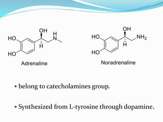  belong to catecholamines group.
 Synthesized from L-tyrosine through dopamine.
 