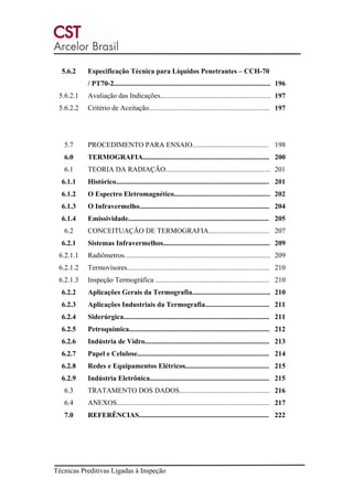 Técnicas Preditivas Ligadas à Inspeção
5.6.2 Especificação Técnica para Líquidos Penetrantes – CCH-70
/ PT70-2........................................................................................ 196
5.6.2.1 Avaliação das Indicações.............................................................. 197
5.6.2.2 Critério de Aceitação.................................................................... 197
5.7 PROCEDIMENTO PARA ENSAIO........................................... 198
6.0 TERMOGRAFIA....................................................................... 200
6.1 TEORIA DA RADIAÇÃO........................................................... 201
6.1.1 Histórico...................................................................................... 201
6.1.2 O Espectro Eletromagnético...................................................... 202
6.1.3 O Infravermelho......................................................................... 204
6.1.4 Emissividade............................................................................... 205
6.2 CONCEITUAÇÃO DE TERMOGRAFIA.................................. 207
6.2.1 Sistemas Infravermelhos............................................................ 209
6.2.1.1 Radiômetros.................................................................................. 209
6.2.1.2 Termovisores................................................................................ 210
6.2.1.3 Inspeção Termográfica ................................................................ 210
6.2.2 Aplicações Gerais da Termografia............................................ 210
6.2.3 Aplicações Industriais da Termografia.................................... 211
6.2.4 Siderúrgica.................................................................................. 211
6.2.5 Petroquímica............................................................................... 212
6.2.6 Indústria de Vidro...................................................................... 213
6.2.7 Papel e Celulose.......................................................................... 214
6.2.8 Redes e Equipamentos Elétricos............................................... 215
6.2.9 Indústria Eletrônica................................................................... 215
6.3 TRATAMENTO DOS DADOS................................................... 216
6.4 ANEXOS...................................................................................... 217
7.0 REFERÊNCIAS......................................................................... 222
 