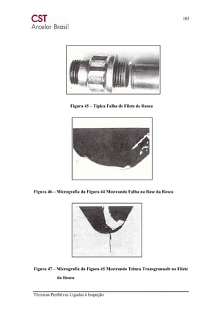 105
Técnicas Preditivas Ligadas à Inspeção
Figura 45 – Típica Falha de Filete de Rosca
Figura 46 – Micrografia da Figura 44 Mostrando Falha na Base da Rosca
Figura 47 – Micrografia da Figura 45 Mostrando Trinca Transgranualr no Filete
da Rosca
 
