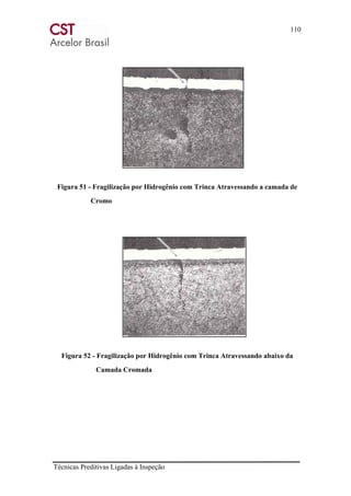 110
Técnicas Preditivas Ligadas à Inspeção
Figura 51 - Fragilização por Hidrogênio com Trinca Atravessando a camada de
Cromo
Figura 52 - Fragilização por Hidrogênio com Trinca Atravessando abaixo da
Camada Cromada
 