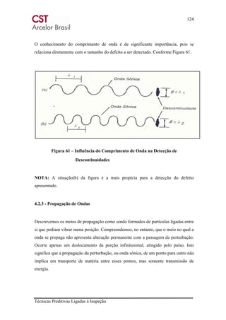 124
Técnicas Preditivas Ligadas à Inspeção
O conhecimento do comprimento de onda é de significante importância, pois se
relaciona diretamente com o tamanho do defeito a ser detectado. Conforme Figura 61.
Figura 61 – Influência do Comprimento de Onda na Detecção de
Descontinuidades
NOTA: A situação(b) da figura é a mais propícia para a detecção do defeito
apresentado.
4.2.3 - Propagação de Ondas
Descrevemos os meios de propagação como sendo formados de partículas ligadas entre
si que podiam vibrar numa posição. Compreendemos, no entanto, que o meio no qual a
onda se propaga não apresenta alteração permanente com a passagem da perturbação.
Ocorre apenas um deslocamento da porção infinitesimal, atingido pelo pulso. Isto
significa que a propagação da perturbação, ou onda sônica, de um ponto para outro não
implica em transporte de matéria entre esses pontos, mas somente transmissão de
energia.
 