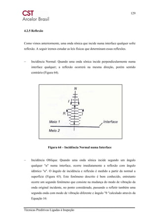 129
Técnicas Preditivas Ligadas à Inspeção
4.2.5 Reflexão
Como vimos anteriormente, uma onda sônica que incide numa interface qualquer sofre
reflexão. A seguir iremos estudar as leis físicas que determinam essas reflexões.
− Incidência Normal: Quando uma onda sônica incide perpendicularmente numa
interface qualquer; a reflexão ocorrerá na mesma direção, porém sentido
contrário (Figura 64).
Figura 64 – Incidência Normal numa Interface
− Incidência Oblíqua: Quando uma onda sônica incide segundo um ângulo
qualquer "α" numa interface, ocorre imediatamente a reflexão com ângulo
idêntico "α". O ângulo de incidência e reflexão é medido a partir da normal a
superfície (Figura 65). Este fenômeno descrito é bem conhecido, entretanto
ocorre um segundo fenômeno que consiste na mudança do modo de vibração da
onda original incidente, no ponto considerado, passando a refletir também uma
segunda onda com modo de vibração diferente e ângulo "θ "calculado através da
Equação 16:
 