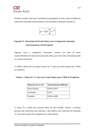 137
Técnicas Preditivas Ligadas à Inspeção
Portanto as perdas totais que se produzem na propagação da onda sonora resultarão da
componente atenuação (amortecimento) e da divergência, dada pela Equação 22.
d
o e
d
N
Pp α
π −
=
Equação 22 - Decréscimo da Pressão Sônica com o Componente Atenuação
(amortecimento) e da Divergência
Algumas vezes a componente "atenuação" constitui um fator de maior
responsabilidade pelo decréscimo da pressão sônica, por outro lado à divergência pode
ser a maior responsável.
A Tabela 6 abaixo nos traz alguns valores de "α" para aço cromo-níquel, para 2 MHz
de freqüência.
Tabela 6 - Valores de "α" para Aço Cromo-Níquel, para 2 MHz de Freqüência
Material Aço Cr-Ni Amortecimento (dB/mm)
Peças forjadas 0,009 a 0,010
Laminados 0,018
Fundidos 0,040 a 0,080
A Figura 70 a mostra uma estrutura típica do ferro fundido. Observe a estrutura
grosseira que caracteriza estes materiais, o que implica, num coeficiente de atenuação
"a" tanto maior quanto for a freqüência das ondas sônicas.
 