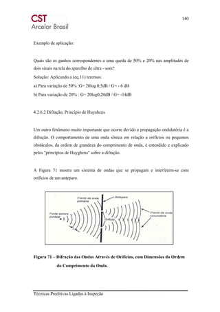 140
Técnicas Preditivas Ligadas à Inspeção
Exemplo de aplicação:
Quais são os ganhos correspondentes a uma queda de 50% e 20% nas amplitudes de
dois sinais na tela do aparelho de ultra - som?
Solução: Aplicando a (eq.11) teremos:
a) Para variação de 50% :G= 20log 0,5dB / G= - 6 dB
b) Para variação de 20% : G= 20log0,20dB / G= -14dB
4.2.6.2 Difração, Principio de Huyahens
Um outro fenômeno muito importante que ocorre devido a propagação ondulatória é a
difração. O comportamento de uma onda sônica em relação a orifícios ou pequenos
obstáculos, da ordem de grandeza do comprimento de onda, é entendido e explicado
pelos "princípios de Huyghens" sobre a difração.
A Figura 71 mostra um sistema de ondas que se propagam e interferem-se com
orifícios de um anteparo.
Figura 71 – Difração das Ondas Através de Orifícios, com Dimensões da Ordem
do Comprimento da Onda.
 