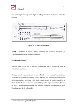 143
Técnicas Preditivas Ligadas à Inspeção
uma onda longitudinal cuja forma depende da freqüência de excitação e das dimensões
da placa.
Figura 73 – Cristal Piezoelétrico.
NOTA: Transforma a energia elétrica alternada em oscilação mecânica (a).
Transforma a energia mecânica em elétrica (b).
4.3.2 Tipos de Cristais
Materiais piezelétricos são: o quartzo, o sulfato de lítio, o titanato de bário, o
metaniobato de chumbo.
Os eletrodos são vaporizados sob vácuo, soldando-se aos mesmos fios condutores
necessários à passagem da corrente elétrica. Quartzo é o material piezelétrico mais
antigo, translúcido e duro como vidro, sendo cortado a partir de cristais originários do
Brasil. Sulfato de lítio é um cristal sensível à temperatura e pouco resistente. Titanato
de bário e metaniobato de chumbo são materiais cerâmicos, que recebem o efeito
piezelétrico através de polarização.
 