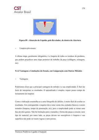 170
Técnicas Preditivas Ligadas à Inspeção
Figura 89 - Absorção do Líquido, pelo Revelador, de dentro da Abertura
− Limpeza pós-ensaio
A última etapa, geralmente obrigatória, é a limpeza de todos os resíduos de produtos,
que podem prejudicar uma etapa posterior de trabalho da peça (soldagem, usinagem,
etc).
5.1.4 Vantagens e Limitações do Ensaio, em Comparação com Outros Métodos
− Vantagens
Poderíamos dizer que a principal vantagem do método é a sua simplicidade. É fácil de
fazer de interpretar os resultados. O aprendizado é simples, requer pouco tempo de
treinamento do inspetor.
Como a indicação assemelha-se a uma fotografia do defeito, é muito fácil de avaliar os
resultados. Em contrapartida o inspetor deve estar ciente dos cuidados básicos a serem
tomados (limpeza, tempo de penetração, etc), pois a simplicidade pode se tornar uma
faca de dois gumes. Não há limitação para o tamanho e forma das peças a ensaiar, nem
tipo de material; por outro lado, as peças devem ser susceptíveis à limpeza e sua
superfície não pode ser muito rugosa e nem porosa.
 
