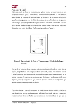 24
Técnicas Preditivas Ligadas à Inspeção
objeto de ensaio e observar, imediatamente após o mesmo ter sido imerso em um
recipiente contendo água, a formação e o desprendimento de bolhas. A sensibilidade
deste método de ensaio pode ser aumentada se as paredes do recipiente que contém
água forem transparentes e se for feito vácuo acima da superfície do nível da água. As
bolhas de gás que se desprendem do objeto de ensaio aumentam de tamanho, devido à
baixa pressão reinante dentro do recipiente que contém água, o que permite que sejam
detectadas com maior facilidade. Conforme apresentado na Figura 4.
Figura 4 - Determinação da Taxa de Vazamento pelo Método da Bolha por
Imersão.
Em vez de se empregar água, o ensaio pode ser conduzido utilizando-se outro tipo de
líquido, de preferência um que possua baixa densidade, como, por exemplo, álcool.
Caso se empregue água, entretanto, é interessante desgaseificá-la (evacuar) antes de se
realizar o ensaio. O emprego de substâncias que diminuam a tensão superficial, como
algumas gotas de detergente na água, também constitui uma medida importante que
permite aumentar a sensibilidade do ensaio.
É possível medir a taxa de vazamento de uma maneira muito simples: através da
imersão de uma proveta graduada pouco acima do local onde ocorre o vazamento,
pode-se capturar todas as bolhas que escapam da descontinuidade. O gás que se
 