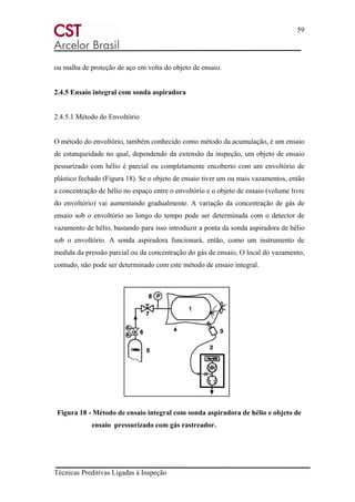 59
Técnicas Preditivas Ligadas à Inspeção
ou malha de proteção de aço em volta do objeto de ensaio.
2.4.5 Ensaio integral com sonda aspiradora
2.4.5.1 Método do Envoltório
O método do envoltório, também conhecido como método da acumulação, é um ensaio
de estanqueidade no qual, dependendo da extensão da inspeção, um objeto de ensaio
pessurizado com hélio é parcial ou completamente encoberto com um envoltório de
plástico fechado (Figura 18). Se o objeto de ensaio tiver um ou mais vazamentos, então
a concentração de hélio no espaço entre o envoltório e o objeto de ensaio (volume livre
do envoltório) vai aumentando gradualmente. A variação da concentração de gás de
ensaio sob o envoltório ao longo do tempo pode ser determinada com o detector de
vazamento de hélio, bastando para isso introduzir a ponta da sonda aspiradora de hélio
sob o envoltório. A sonda aspiradora funcionará, então, como um instrumento de
medida da pressão parcial ou da concentração do gás de ensaio, O local do vazamento,
contudo, não pode ser determinado com este método de ensaio integral.
Figura 18 - Método de ensaio integral com sonda aspiradora de hélio e objeto de
ensaio pressurizado com gás rastreador.
 