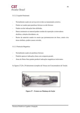 88
Técnicas Preditivas Ligadas à Inspeção
3.5.2.2 Líquido Penetrante
– Normalmente usado em serviços de revisão ou manutenção corretiva.
– Podem ser usados para parafusos ferrosos ou não ferrosos
– Podem revelar indicações bem definidas.
– Danos estruturais ao material podem resultar de exposição a removedores
alcalinos, soluções dioxidantes, etc.
– Restos de materiais usados no ensaio que permanecerem em furos, canais e/ou
áreas similares, podem causar corrosão.
3.5.2.3 Partícula Magnética
– Normalmente usado em parafusos ferrosos
– Poderão aparecer indicações claras com composto pesado.
– Áreas de filetes finos podem produzir indicações magnéticas irrelevantes.
As figuras 27,28 e 29 demostram exemplos de Trincas em Concentradores de Tensão.
Figura 27 – Fratura na Mudança de Seção
 