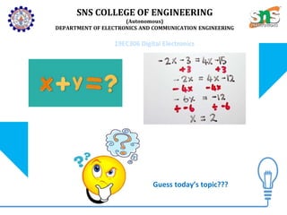 SNS COLLEGE OF ENGINEERING
(Autonomous)
DEPARTMENT OF ELECTRONICS AND COMMUNICATION ENGINEERING
Guess today’s topic???
19EC306 Digital Electronics
 