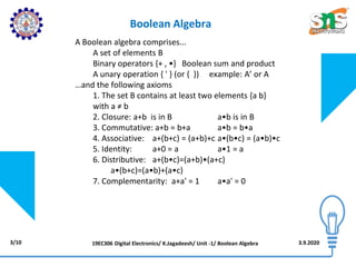 Boolean Algebra
3/10 3.9.2020
A Boolean algebra comprises...
A set of elements B
Binary operators {+ , •} Boolean sum and product
A unary operation { ' } (or { }) example: A’ or A
…and the following axioms
1. The set B contains at least two elements {a b}
with a ≠ b
2. Closure: a+b is in B a•b is in B
3. Commutative: a+b = b+a a•b = b•a
4. Associative: a+(b+c) = (a+b)+c a•(b•c) = (a•b)•c
5. Identity: a+0 = a a•1 = a
6. Distributive: a+(b•c)=(a+b)•(a+c)
a•(b+c)=(a•b)+(a•c)
7. Complementarity: a+a' = 1 a•a' = 0
19EC306 Digital Electronics/ K.Jagadeesh/ Unit -1/ Boolean Algebra
 