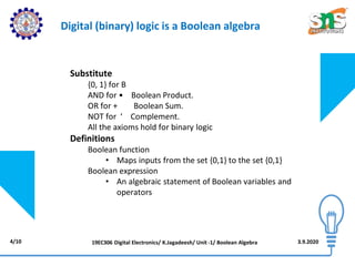 Substitute
{0, 1} for B
AND for • Boolean Product.
OR for + Boolean Sum.
NOT for ‘ Complement.
All the axioms hold for binary logic
Definitions
Boolean function
• Maps inputs from the set {0,1} to the set {0,1}
Boolean expression
• An algebraic statement of Boolean variables and
operators
Digital (binary) logic is a Boolean algebra
4/10 3.9.2020
19EC306 Digital Electronics/ K.Jagadeesh/ Unit -1/ Boolean Algebra
 