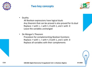 • Duality
All Boolean expressions have logical duals
Any theorem that can be proved is also proved for its dual
Replace: • with +, + with •, 0 with 1, and 1 with 0
Leave the variables unchanged
• De Morgan’s Theorem
Procedure for complementing Boolean functions
Replace: • with +, + with •, 0 with 1, and 1 with 0
Replace all variables with their complements
Two key concepts
7/10 3.9.2020
19EC306 Digital Electronics/ K.Jagadeesh/ Unit -1/ Boolean Algebra
 