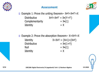 9/10 3.9.2020
Assessment
19EC306 Digital Electronics/ K.Jagadeesh/ Unit -1/ Boolean Algebra
 