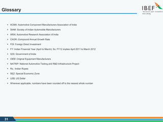 31
Glossary
▪ ACMA: Automotive Component Manufacturers Association of India
▪ SIAM: Society of Indian Automobile Manufacturers
▪ ARAI: Automotive Research Association of India
▪ CAGR: Compound Annual Growth Rate
▪ FDI: Foreign Direct Investment
▪ FY: Indian Financial Year (April to March); So, FY12 implies April 2011 to March 2012
▪ GOI: Government of India
▪ OEM: Original Equipment Manufacturers
▪ NATRiP: National Automotive Testing and R&D Infrastructure Project
▪ Rs.: Indian Rupee
▪ SEZ: Special Economic Zone
▪ US$: US Dollar
▪ Wherever applicable, numbers have been rounded off to the nearest whole number
 